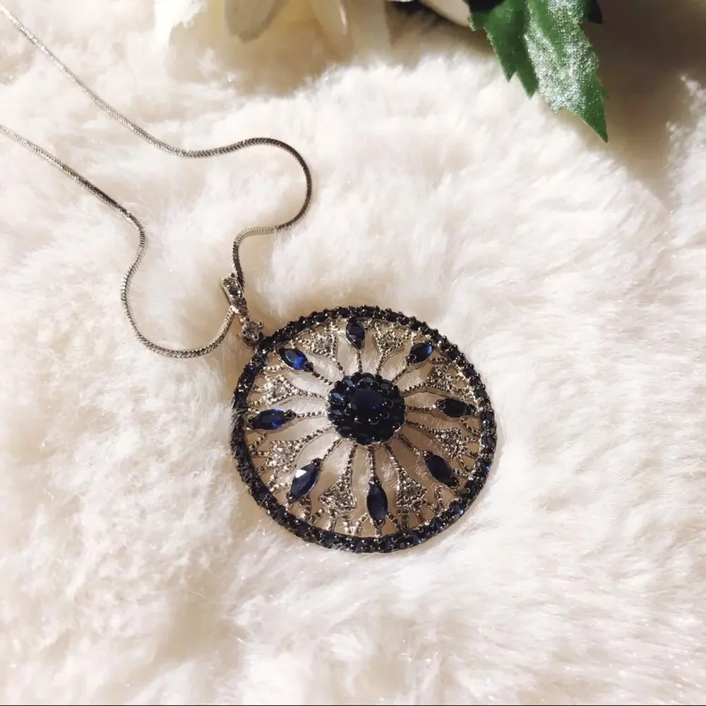 Blue and Silver Circle Flower Outline Necklace - Picture 3 of 11